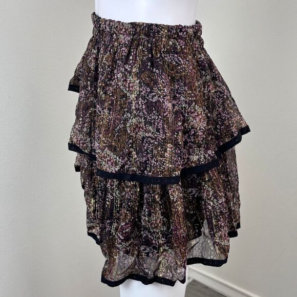 Allison Women Size L Black Tiered Floral Pull On Metallic Mini NEW Skirt Peasant - Picture 6 of 13